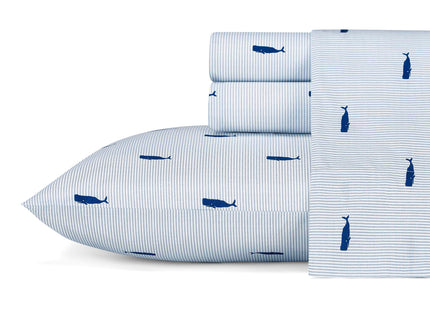 Nautica - Twin Size Sheet Set, Crisp Cotton Percale Bedding with Matching Pillowcase, Fully Elastic Fitted Sheet, Deep Pocket, Nautical Room Decor, Breathable All-Season Comfort (Whale Stripe Blue)