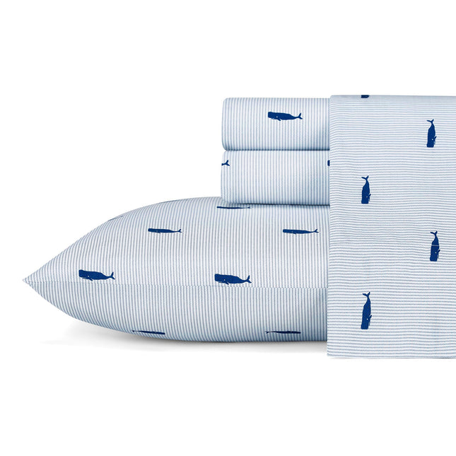 Nautica - Twin Size Sheet Set, Crisp Cotton Percale Bedding with Matching Pillowcase, Fully Elastic Fitted Sheet, Deep Pocket, Nautical Room Decor, Breathable All-Season Comfort (Whale Stripe Blue)