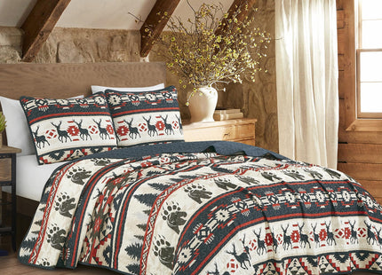 ESCA Farmhouse Lodge Animal Print Navy Bedspread Set Queen Size 3-Piece Red and Blue Deer and Bear Rustic Quilt
