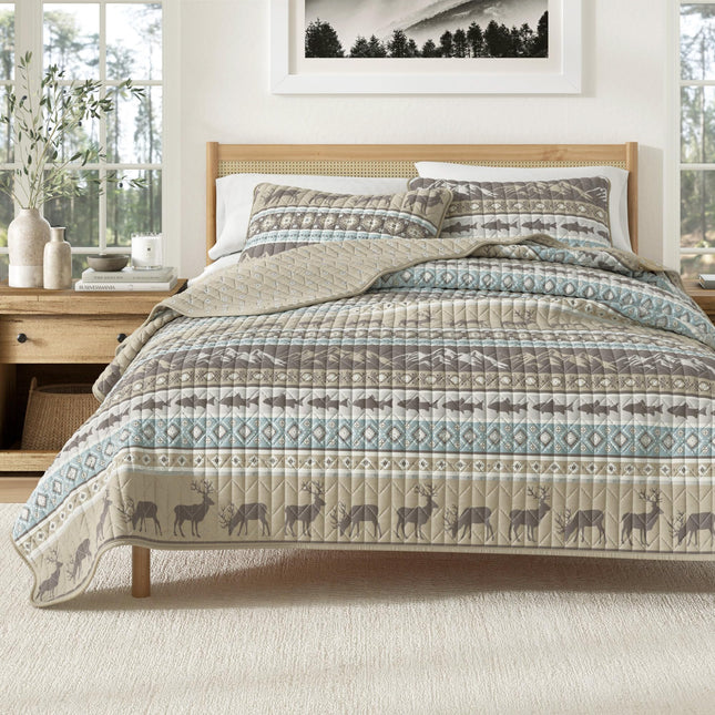 Great Bay Home Lodge Quilt Set - 3-Piece Full/Queen Size Rustic Bedding Set - Lightweight, All-Season, Reversible Bedspread (Rustic Lodge Stripes)