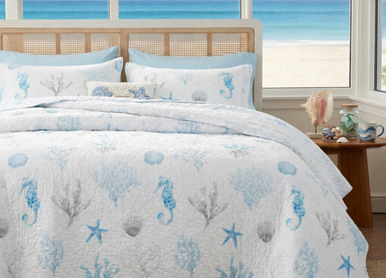 Bedsure Coastal Quilt Bedding - Queen Size Reversible Summer Beach Quilt Bedding, Lightweight Ocean Bedspread, Shell Parttern Coverlet for All Seasons (90"x96")