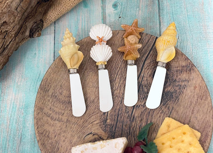Supreme Housewares Seashell Cheese Spreaders, Hand-Painted Resin Handles with Stainless Steel Blades for Spreading Cream Cheese, Butter, and Jam, Assorted Designs, Set of 4