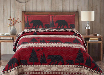 Virah Bella Creekside Bear 3-Piece King Quilt Set - Rustic Cabin Red & Black Bear Lodge Bedding - Lightweight Reversible Microfiber Coverlet & 2 King Shams, 95" x 105"