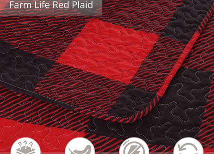 Virah Bella 3 Piece King Cabin Quilt Bedding Set - Farm Life - Red & Black Plaid - Rustic Country Reversible Patchwork Comforter Set with Decorative Pillow Shams