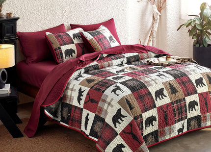 Wake In Cloud - Rustic Quilt Set, Cabin Lodge Christmas Bear Moose Deer Wildlife Western Patchwork Country, Reversible Lightweight Bedspread Coverlet, 3 Pieces, Burgundy Black, Queen/Full Size