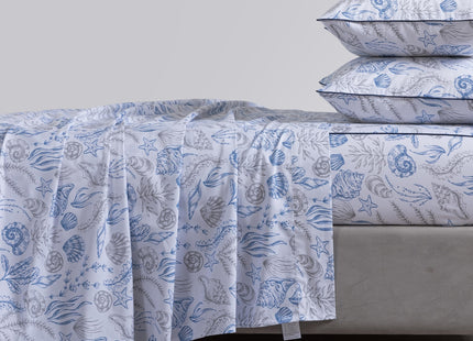 FADFAY Ocean Sheets Set Twin 100% Cotton, 4 Piece Coastal Bedding Set, Cooling & Crisp Summer Bedding, Navy Blue Nautical Seaweed Seashell Print, Soft & Breathable Deep Pocket Fitted Sheet, Twin Size
