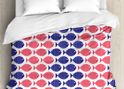 Ambesonne Fish Duvet Cover Set, Nautical Theme Design Illustration of Fish on White Background Artwork Print, Decorative 3 Piece Bedding Set with 2 Pillow Shams, King Size, Red and Navy Blue