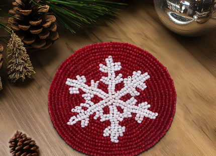 COTTON CRAFT Glitz Handmade Beaded Coaster - 4 Pack - Red White Snowflake