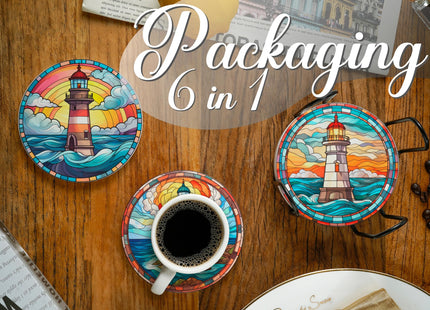 Lighthouse Gifts Coaster, Ceramic, Set of 6, with Gift Box, Absorbent with Cork Base, Home Decor for Family, Housewarming, Thanksgiving, Birthday and Christmas - Lighthouse