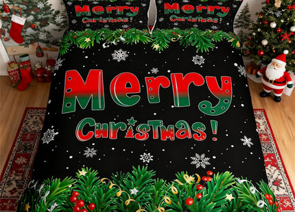 Homewish Merry Christmas Duvet Cover Set Twin Size Xmas Pine Tree Bedding Set 2Pcs Winter Snowflake Comforter Cover for Kids Boys Girls Adult Room Decor,Green Red Black Quilt Cover,1 Pillowcase