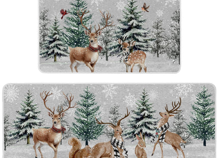 Baccessor Christmas Winter Kitchen Rugs Set of 2, Snowy Pine Tree Deer Cardinal Snowflakes Kitchen Mats Washable Non Slip Rubber Backing Xmas Farmhouse Home Floor Holiday Indoor Laundry Decor
