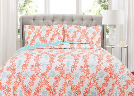 Lush Decor Dina Coral Reversible Cotton Quilt Queen Size 3 Piece Set Full/Queen Blue & Coral - Coastal Bedding Set Queen Quilt Blue - Ocean Décor