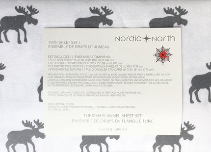 Nordic North Cotton 3 Piece Twin Size Turkish Flannel Sheet Set Luxe Moose Gray on White