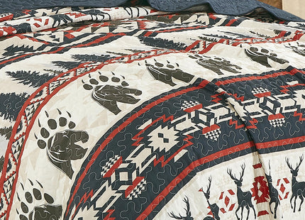 ESCA Farmhouse Lodge Animal Print Navy Bedspread Set Queen Size 3-Piece Red and Blue Deer and Bear Rustic Quilt