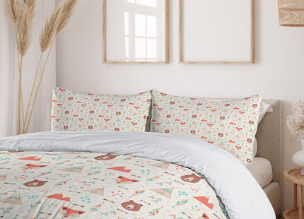 Ambesonne Tribal Duvet Cover Set, Prehistoric Fox Arrows Bear Lodge Houses Feather Graphic, Decorative 3 Piece Bedding Set with 2 Pillow Shams, King Size, Salmon Amber White