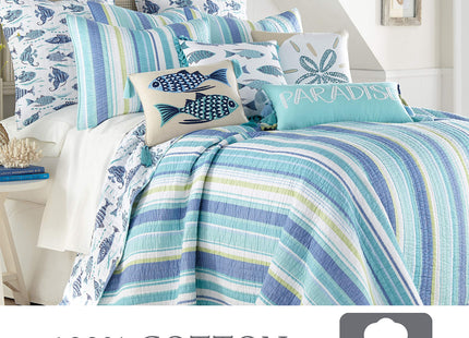 Levtex Home - Laida Beach Quilt Set - Full/Queen Quilt + Two Standard Pillow Shams - Coastal Stripe - Green, Blue, White - Quilt Size (88x92in.) and Pillow Sham Size (26x20in.) - Reversible - Cotton
