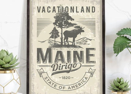 Maine State Emblem Poster - Retro Travel Art, Home & Office Wall Art - 12x18 Inches