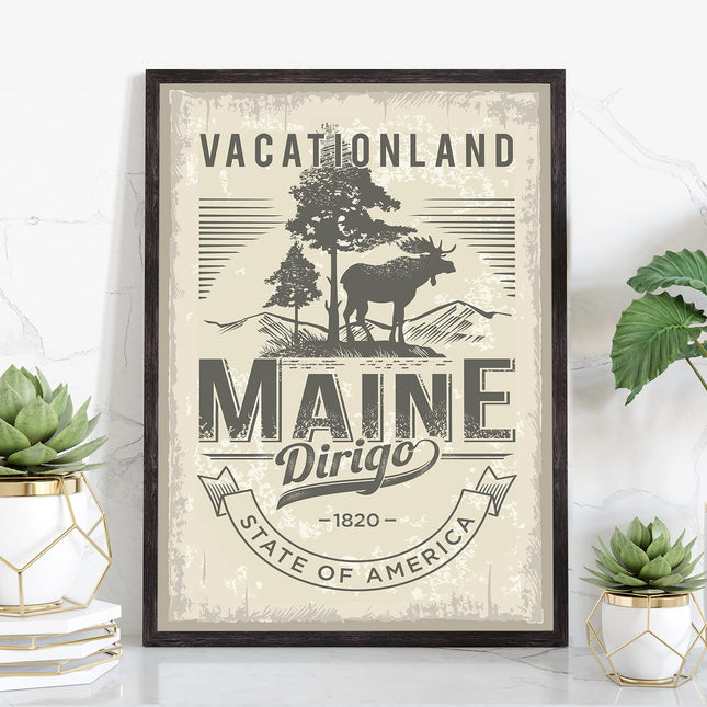Maine State Emblem Poster - Retro Travel Art, Home & Office Wall Art - 12x18 Inches