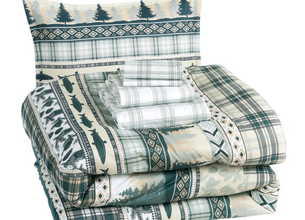 Chezmoi Collection Ridge 7-Piece Northwest Cabin Lodge Bed in a Bag Full Comforter Set - Multicolor Pine Tree Fish Deer Printed Microfiber Bedding Set