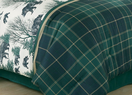 Chezmoi Collection Basin 7-Piece Northwest Cabin Lodge Comforter Set - Blue Green Ivory Tan Grizzly Bear Pine Tree Wilderness Printed Microfiber Bedding, King