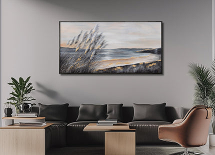 Yuaxker Ocean Wall Art Grey and Black Wall Decor Framed art Aesthetic Coastal Canvas Painting for Living Room Bedroom Dining Room Office Home Decor 24x48 Inch