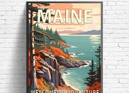 Maine Black Framed Poster Art Print, Retro States Landscape Wall art Decor, Adventure Mountain and Scenery Painting for Bedroom, Living Room (Maine Scenery, 16x20 inches + (Black Frame))