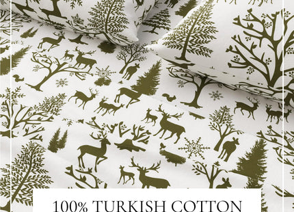 Great Bay Home Flannel Sheet Set Queen Size - 100% Turkish Cotton, Double-Brushed, Lodge-Printed Bed Sheets - Ultra-Soft, Cozy, 4-Piece Bedding Set (Olive Branch Enchanted Woods)