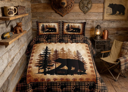 Castle Fairy Bear Print Full Size Comforter Set,Wild Animal Hunt Pine Trees Retro Bedding Comforters Bedroom Collection,Rustic Grid Plaid Cabin Decor Bedding Set for Girls Teens