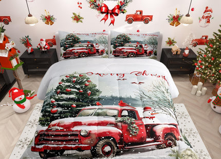 Castle Fairy Merry Christmas Toddler Bedding Set for Kids,Farmhouse Red Truck Snowman Comforter Bed Set,Winter Pine Tree Quilt Set for Child Bedroom 2 PCS,Red Birds Plants Duvet Insert,1 Pillow Case
