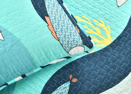Lush Decor Sea Life Reversible Cotton Quilt Twin Size 3 Piece Set Blue - Kids Bedding Set Twin Quilt Blue - Coastal Bedroom Decor - Beach House