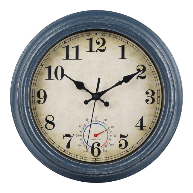 Horizent Outdoor Clocks Waterproof with Thermometer Rustic Coastal Wall Clock Decor for Patio Pool Garden(12 Inch,Blue)