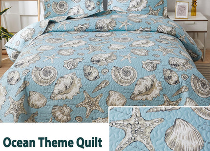 Junsey 3Pcs Coastal Quilt Set Twin Size Seashell Bedspread,Seahorse Seaweed Sea Fish Coverlet Set Lightweight Ocean Beach Quilts Reversible Bedding Cover Pillow Shams