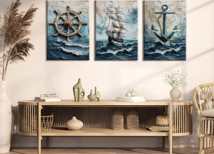 Vintage Nautical Wall Art Set of 3, Sailboat Art Prints, Framed, 16x12 in