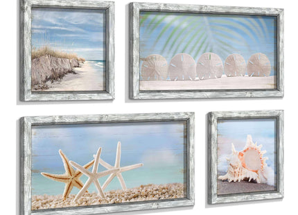 Starfish Prints Wooden Wall Art: Ocean Art Set of 4 Seashell Pictures Collection Beach Framed Wall Decor for Bedroom Overall 36"W x 24"H