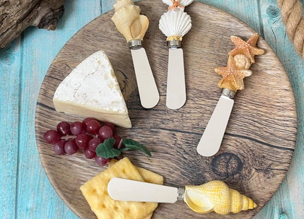 Supreme Housewares Seashell Cheese Spreaders, Hand-Painted Resin Handles with Stainless Steel Blades for Spreading Cream Cheese, Butter, and Jam, Assorted Designs, Set of 4