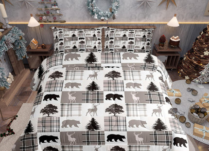 Wildlife Bear Moose Elk Comforter Set Queen for Boys Kids Xmas Room Decor Khaki Black Grid Comforter Aldults Bedroom Christmas Tree Bedding Set 1 Comforter with 2 Pillow Cases,Lightweight Warm Soft