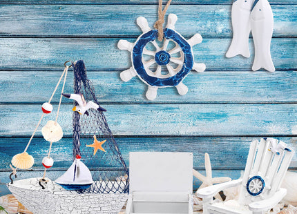 7 Pieces Wooden Box Wooden Lighthouse Mini Sailboat Anchor Fish Hanging Starfish Model Spring Summer Easter Tree Ornament Decoration Aquarium Decor Landscape Tank Ornament Office Mini Garden Landscape