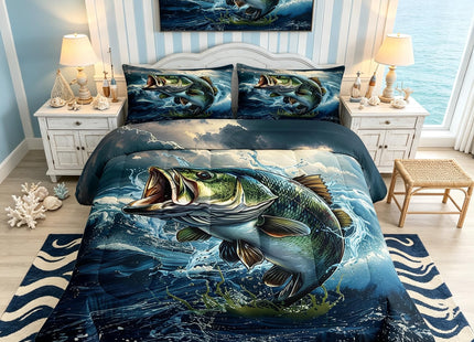 Feelyou Pike Fish Bedding Set Queen Size Bass Big Fish Comforter Set for Kids Boys Girls Decor Fishing and Hunting Comforter Ocean Theme Duvet Set