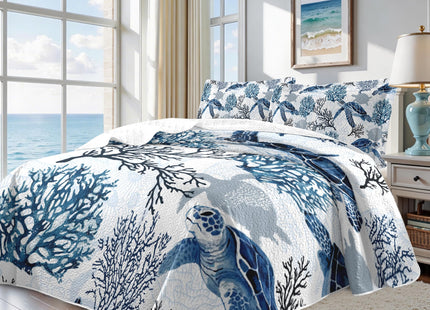 Nautical Queen Quilt Set, Coastal Sea Turtle Bedding, 3 Piece, 90"x96"