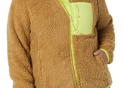 Amazon Essentials Women's Sherpa Long-Sleeve Mock Neck Full-Zip Jacket with Woven Trim (Available in Plus Size), Camel Neon Yellow Color Block, XX-Large