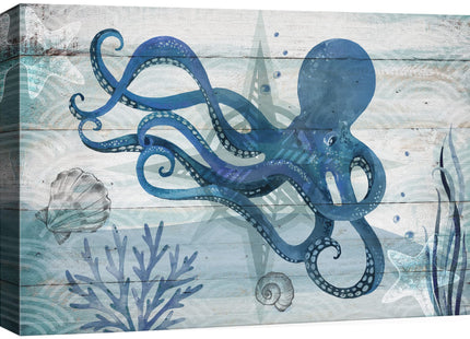 NWT Canvas Print Wall Art Octopus Under The Sea with Shells Amphibians Beach Illustrations Modern Art Nautical Scenic Relax/Calm Blue Ultra for Living Room, Bedroom, Office - 16"x24"