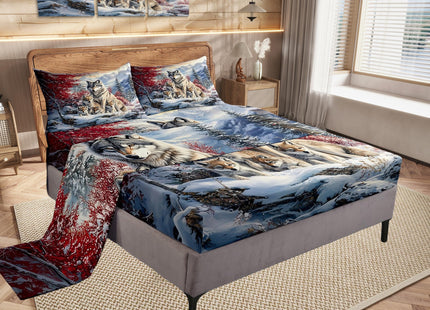 Castle Fairy Wolf Family Bed Sheet Set Twin Size 3Pcs,Animal Wolves Printed Fitted Sheet Set for Kids Boys Teens,Winter Natural Wildlife Bedding Set with 1 Flat & 1 Fitted Sheet with 1 Pillowcase