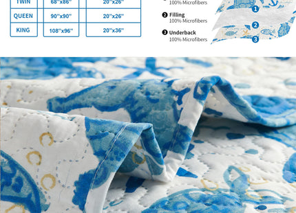 Coastal Beach Quilt Set - Queen Size Ocean Bedding Reversible Quilt Sea Turtle Blue