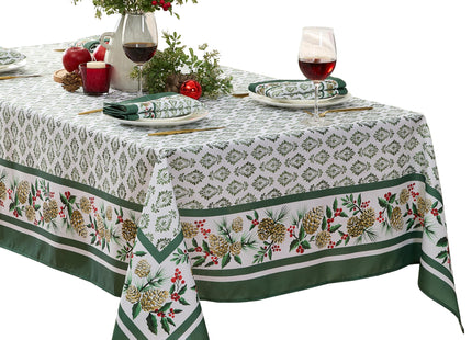 Newbridge Christmas Holly Pinecone Border 60 x 84 Inch Rectangle Fabric Tablecloth, Holiday Hunter Green Border on White Background Fabric Table Cover for Dinner Party and Banquet