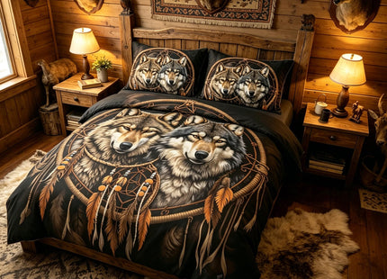 CCoutueChen Wolf Bedding Set Twin Size for Kids - Cabin Lodge Bedroom Set Black Brown Boho Dreamcatcher Comforter Set, Soft Microfiber Lightweight Comforter, 2 Pieces 1 Pillowcase