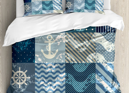 Ambesonne Nautical Duvet Cover Set, Marine Theme Wave Patterns in Patchwork Style Boxes Squares Striped Anchor Print, Decorative 3 Piece Bedding Set with 2 Pillow Shams, King Size, Blue Beige