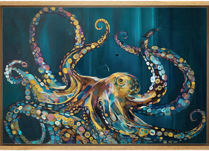 Color-Banner Framed Canvas Print Wall Art Majestic Octopus in Ocean Depths Colorful Sea Life Modern Art for Living Room, Bedroom, Office - 24"x36" Natural