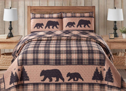 Virah Bella 3-Piece Full Queen Cabin Life Quilt Bedding Set - Rustic Black Bear Country Plaid Reversible Coverlet with 2 Decorative Standard Shams - Lightweight Soft Microfiber Bedspread, Brown