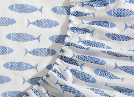 Nautica - Queen Size Sheet Set, Crisp Cotton Percale Bedding with Matching Pillowcases, Fully Elastic Fitted Sheet, Deep Pocket, Nautical Room Decor (Woodblock Fish Blue)