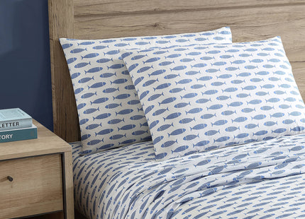 Nautica - Queen Size Sheet Set, Crisp Cotton Percale Bedding with Matching Pillowcases, Fully Elastic Fitted Sheet, Deep Pocket, Nautical Room Decor (Woodblock Fish Blue)